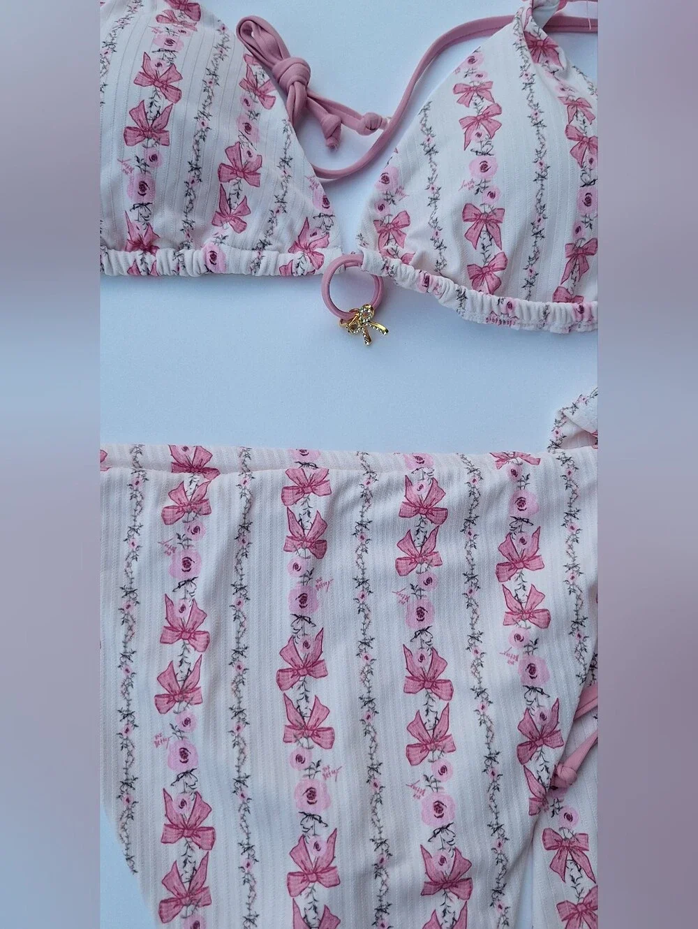 Betsey Johnson 3-Piece Bikini Set Pink Bow Ribbon Print Girly Sz M NWOT Liner